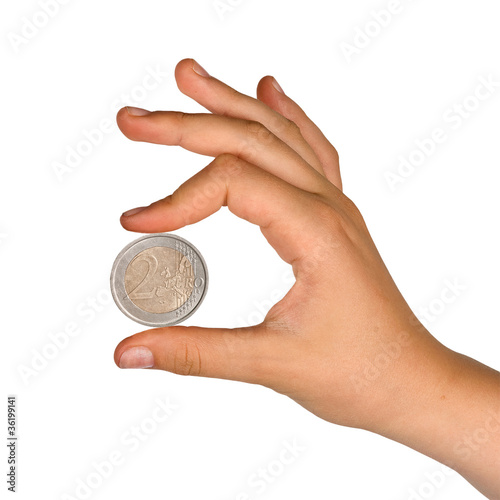 Two euro in hand isolated on white background