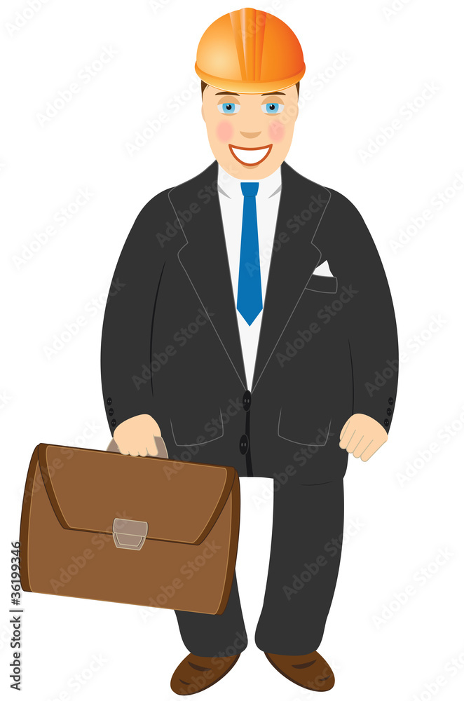 smiling builder engineer in helmet with portfolio smiling builder engineer in helmet with portfolio