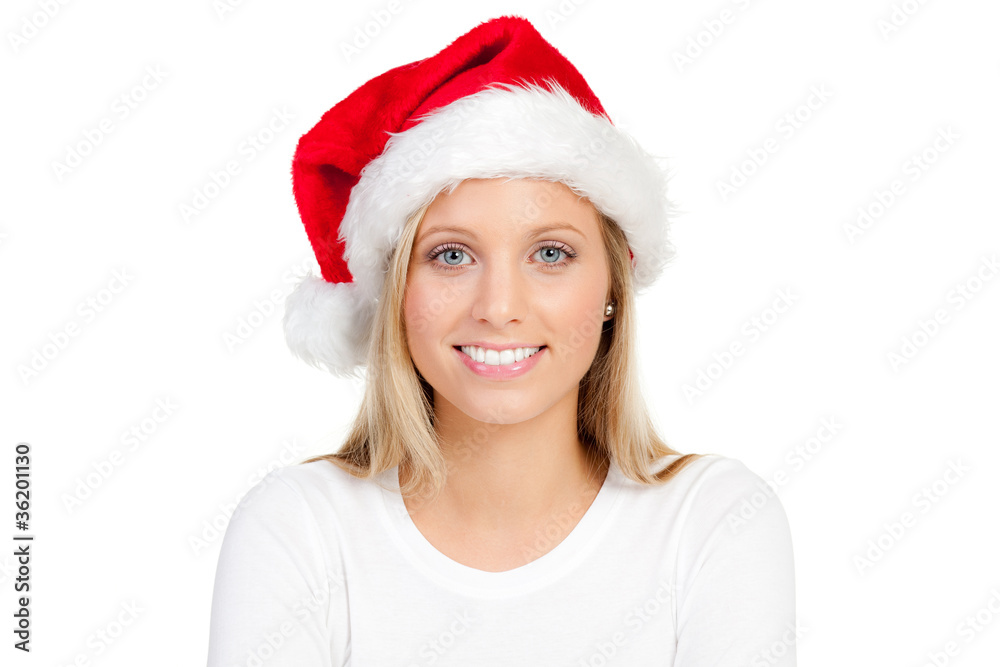 portrait einer hübschen frau mit weihnachtsmütze portrait einer hübschen frau mit weihnachtsmütze