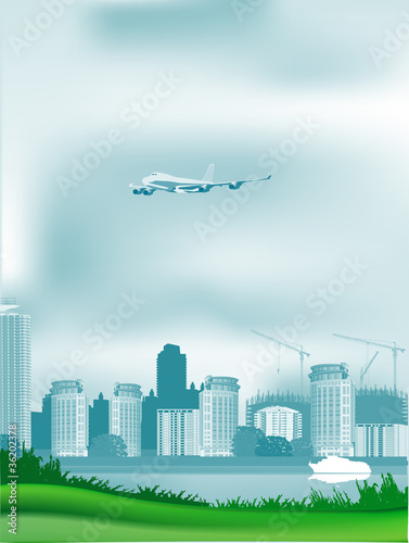 plane above modern buildings