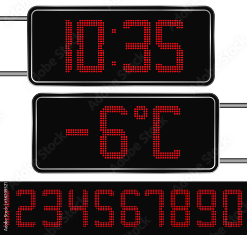 Vector Red Digital Clock and Thermometer