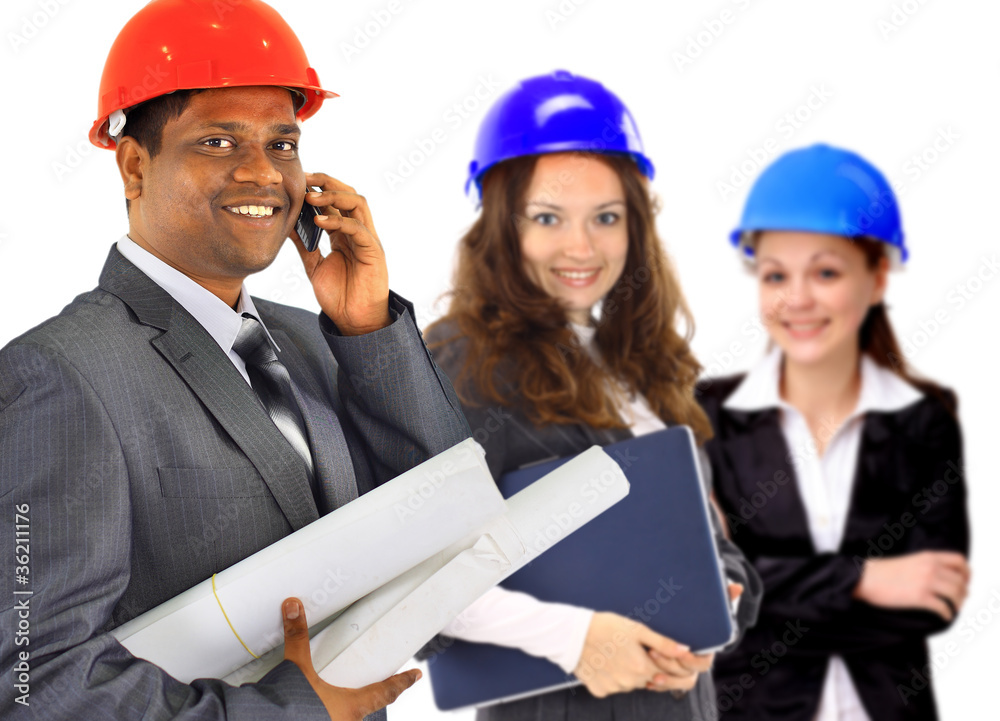 A man and woman architect team on construction A man and woman architect team on construction