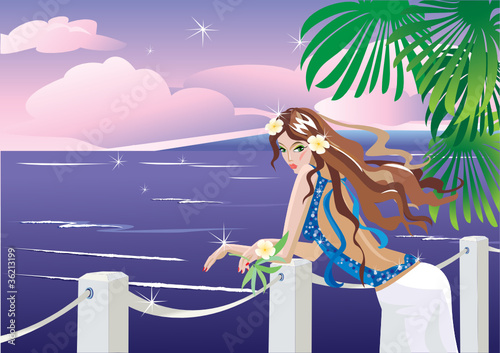 Girl on tropical sea side looking sunset