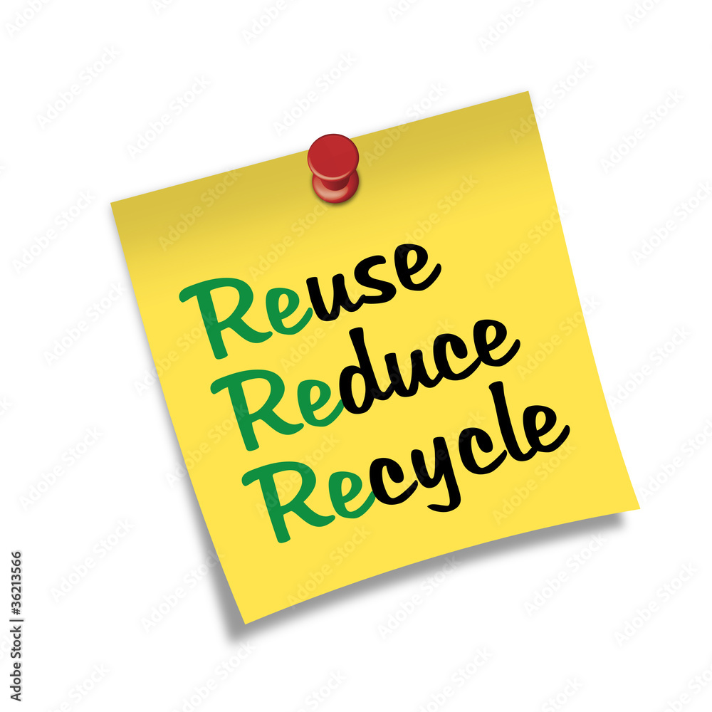 Post-it con chincheta texto Reuse Reduce Recycle Post-it con chincheta texto Reuse Reduce Recycle