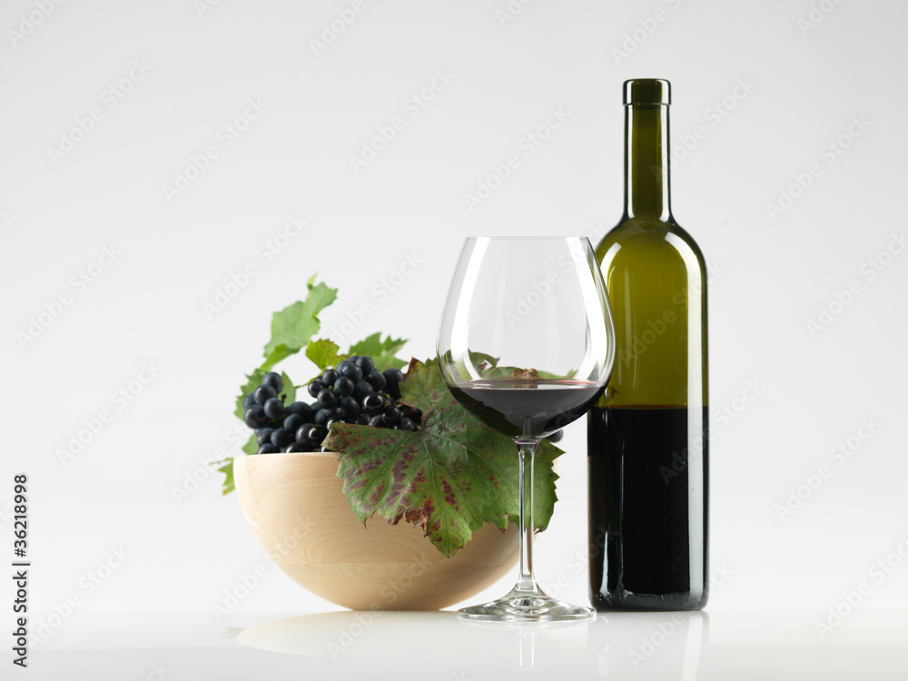 bottle red wine, glass, grapes white background