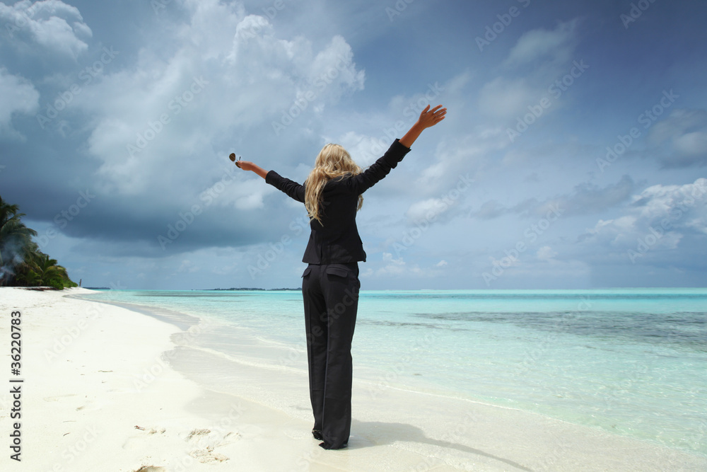 happy business woman on the ocean coast happy business woman on the ocean coast