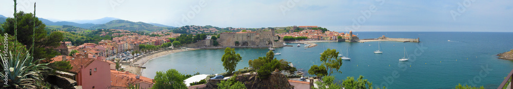 Panorama in the beautiful bay of Collioure village, Vermilion coast, Mediterranean sea, Roussillon, Pyrenees Orientales, France