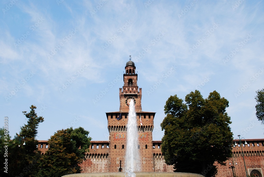 Fototapeta premium Sforza castle, Filarete tower and fountain, Milan, Italy