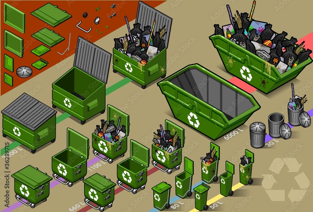 Naklejka premium isometric garbage container in varius sizes vector