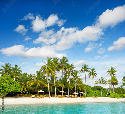 tropical island beach with perfect blue sky