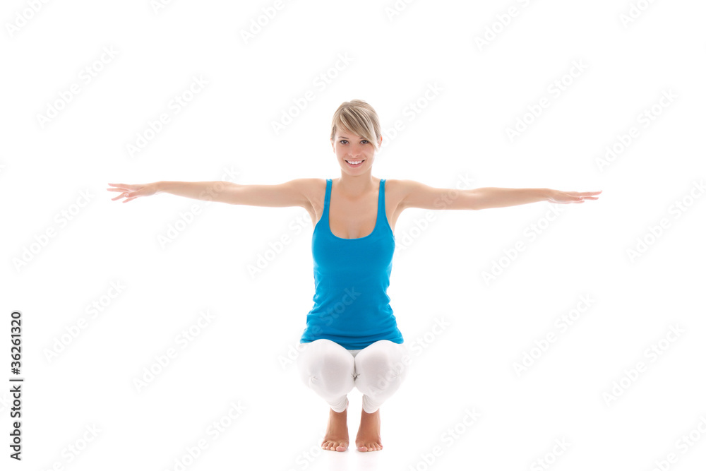 woman young healthy woman doing fitness exercises over white