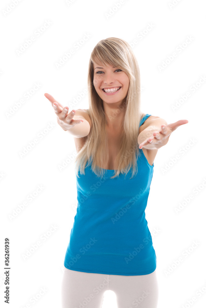 Fototapeta premium smile teenage girl raised up arms hands at you