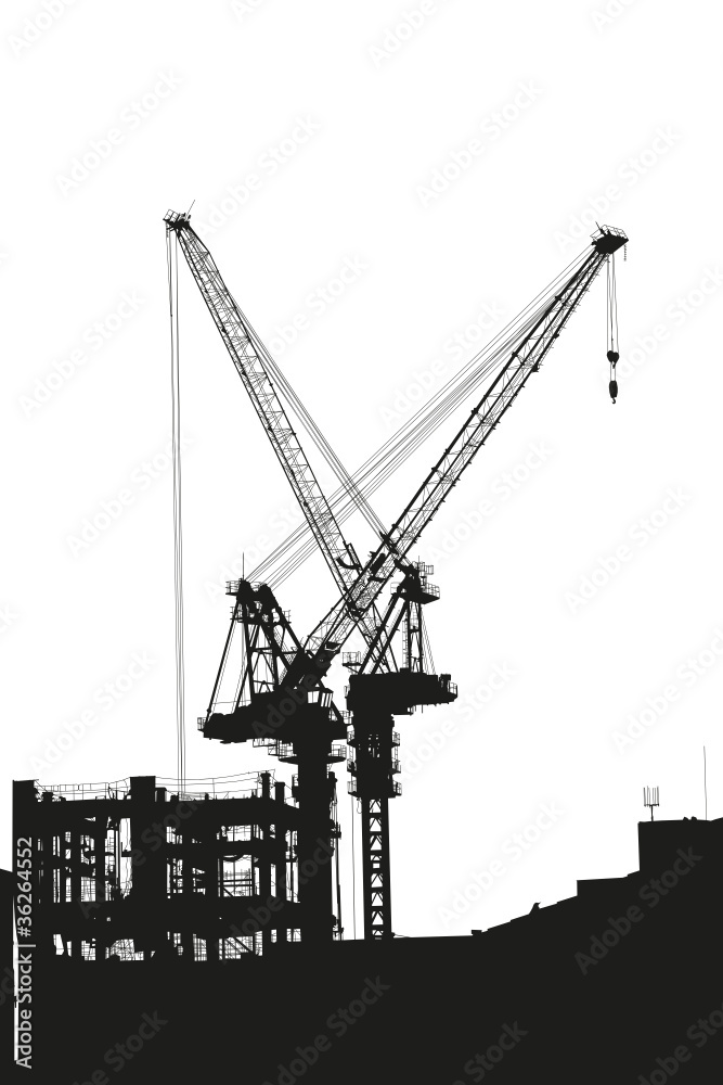 Silhouettes of two elevating cranes on background of building Silhouettes of two elevating cranes on background of building