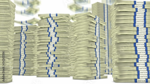 100 dollar bundles stacks falling down. Wealth and money