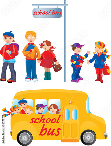 School kids on bus stop and going to school by bus