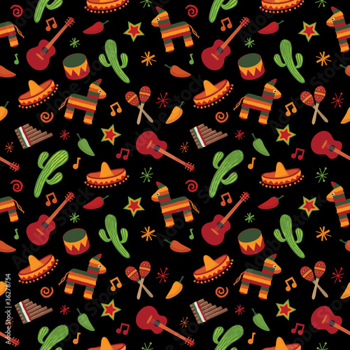 mexican seamless pattern vector cactus pinata maraca panpipes guitar sombrero clipart on black background wallpaper