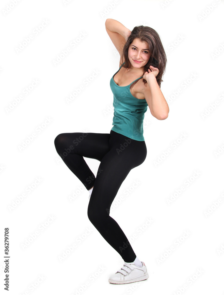 young attractive woman dancing isolated over white