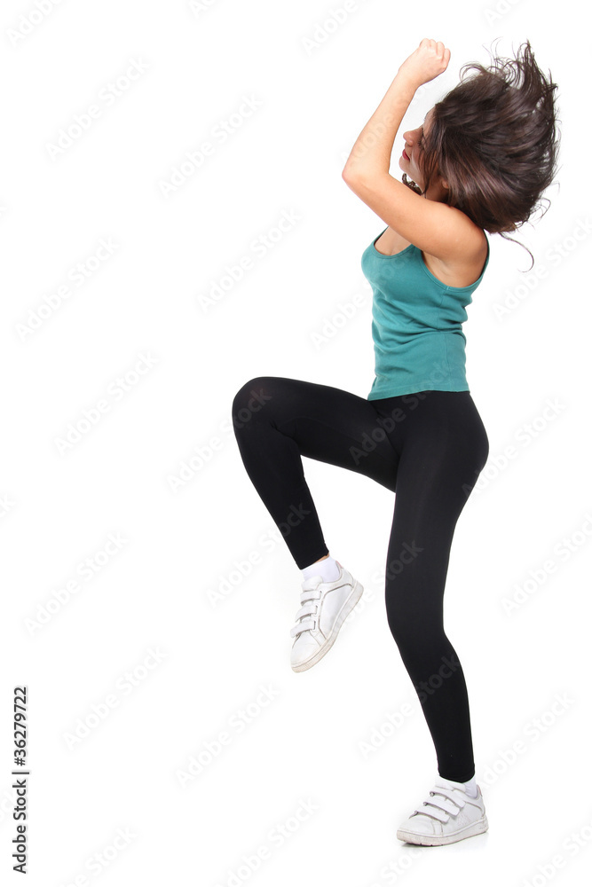 young attractive woman dancing isolated over white young attractive woman dancing isolated over white