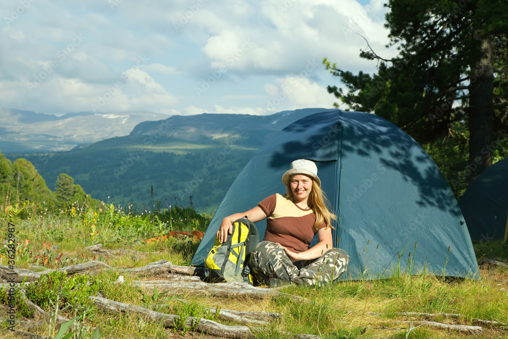 Camping happy woman
