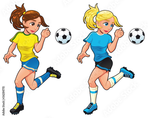 Soccer female players. Vector cartoon and isolated characters.