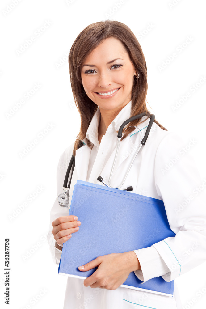 Happy young doctor folder, on white Happy young doctor folder, on white
