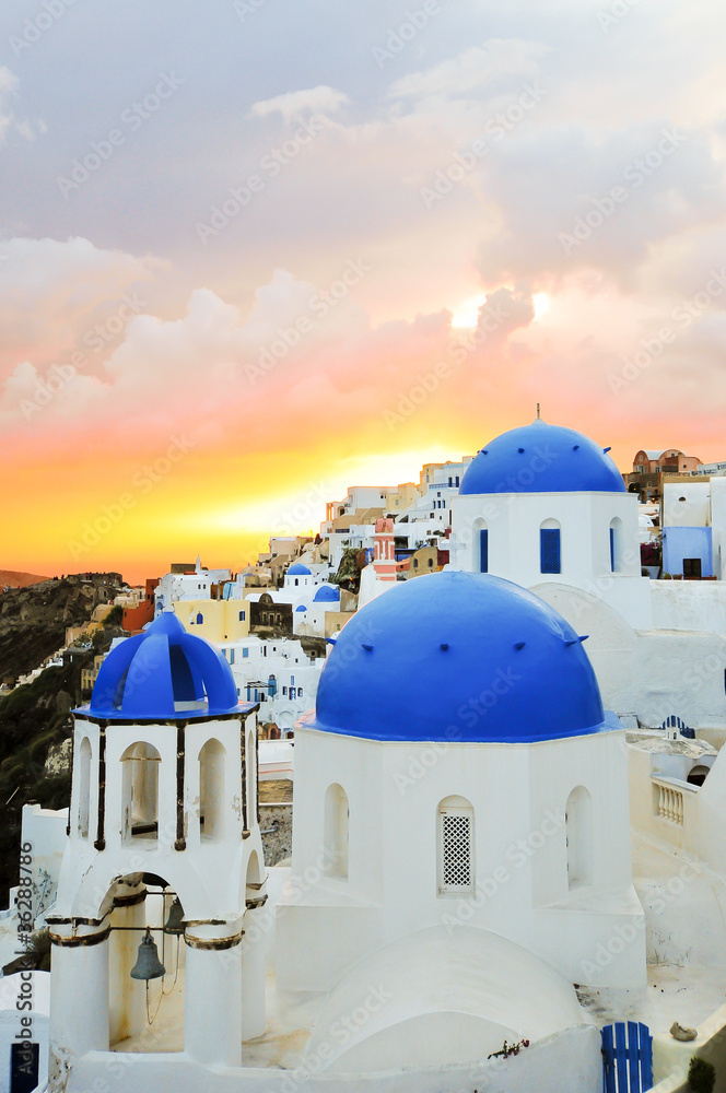 Amazing sunset over the Blue Oia Domes