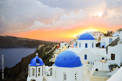 Beautiful sunset after a storm in Santorini