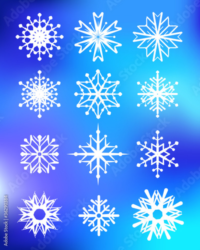 Set of different shaped snowflakes in a row
