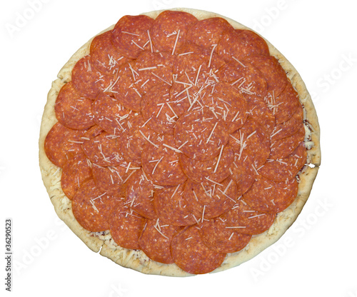 uncooked pepporoni pizza on a white background
