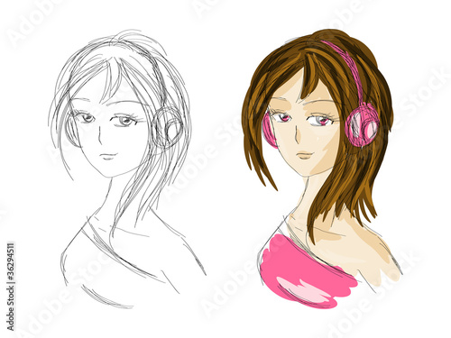 Sketch of a girl with headphones