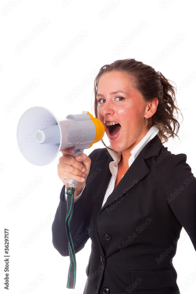 Business Woman Talking Through Megaphone Business Woman Talking Through Megaphone