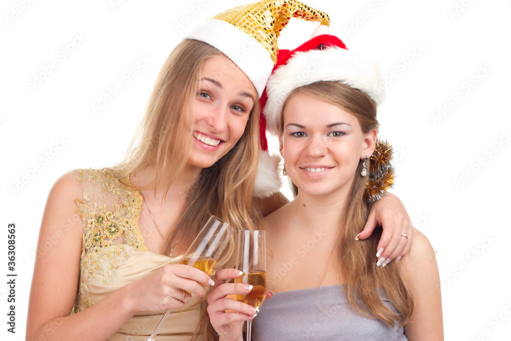 Two girls celebrate Christmas with gifts and glasses Two girls celebrate Christmas with gifts and glasses