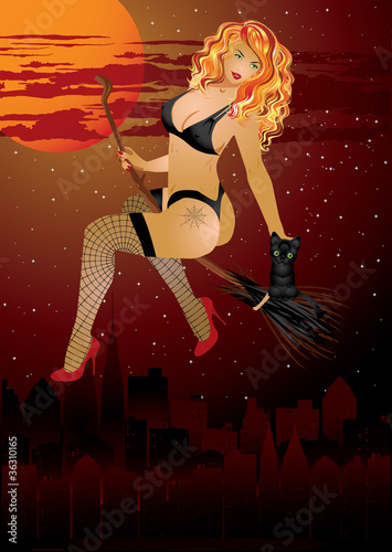 Sexy witch in city, vector illustration