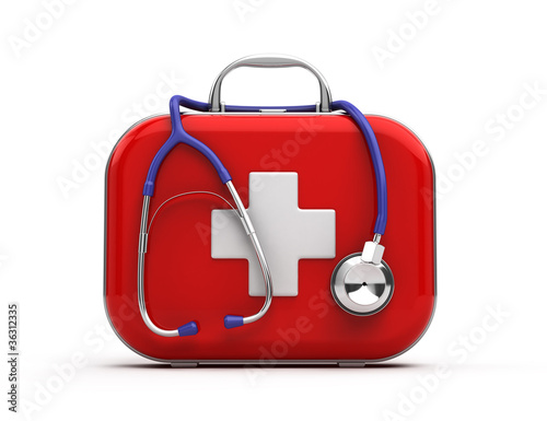 Stethoscope and First Aid Kit isolated photo