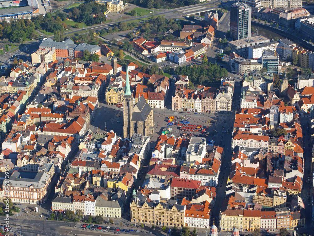Aerial photo of historical center city Pilsen in Czech republic
