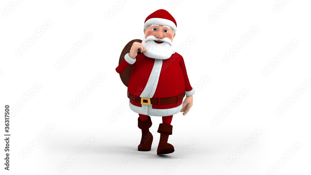 Cartoon Santa Claus with gift bag walking on the spot - front Cartoon Santa Claus with gift bag walking on the spot - front