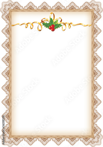 Vintage Christmas Page with Holly  Gold Ribbon and Guilloche Bor