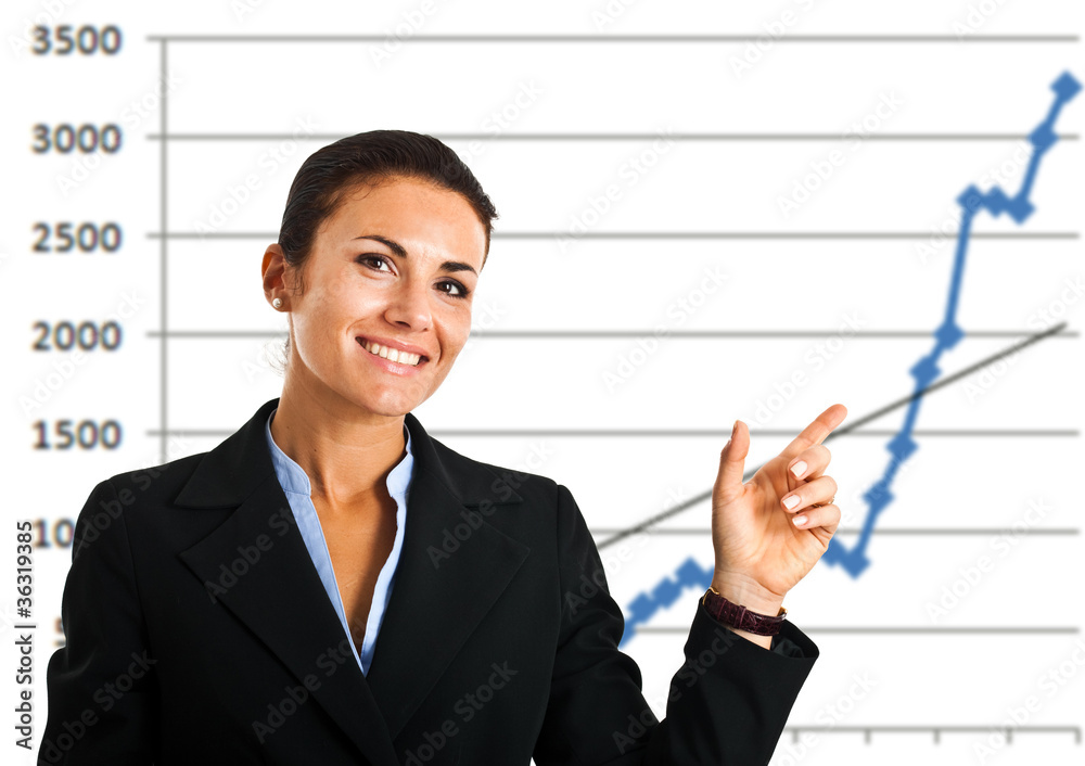 Businesswoman pointing a rising arrow in a graph Businesswoman pointing a rising arrow in a graph