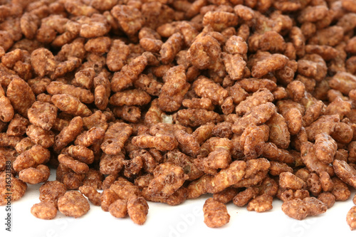 Chocolate popped rice cereals on a white background