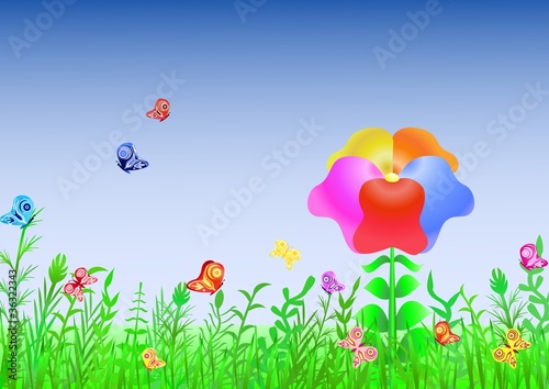 Beautiful meadow with grass, flower and flitting butterflies