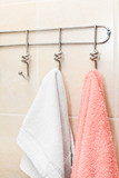 Two terry towels hanging on a hook in the bathroom