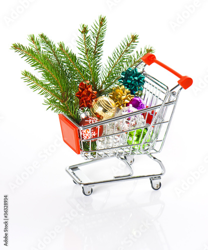 shopping cart with christmas tree decoration