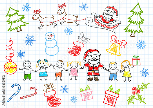 Vector sketchs - Santa Claus and children
