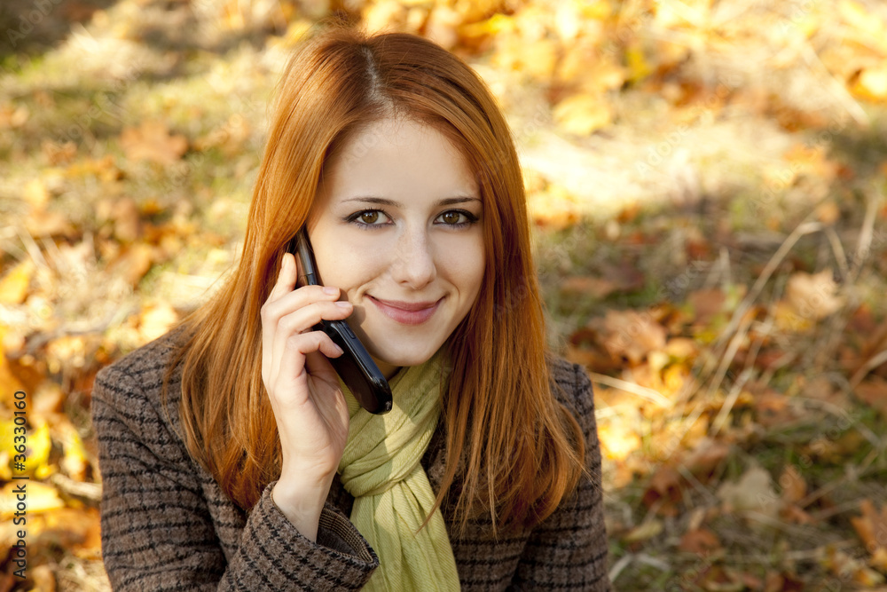 Red-haired girl calling by the phone in the autumn park. Red-haired girl calling by the phone in the autumn park.
