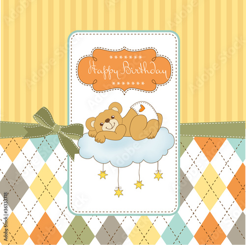 New baby shower card with spoiled teddy bear