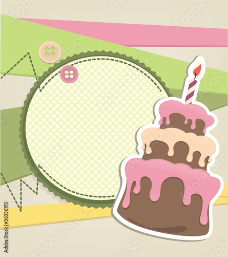 vector Birthday card with fabric background and image of cake