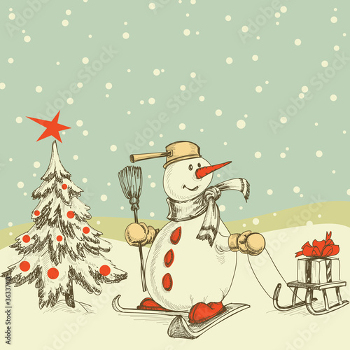 Winter scene Christmas tree and funny snowman