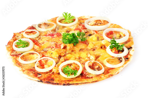 tasty pizza with onions isolated on white