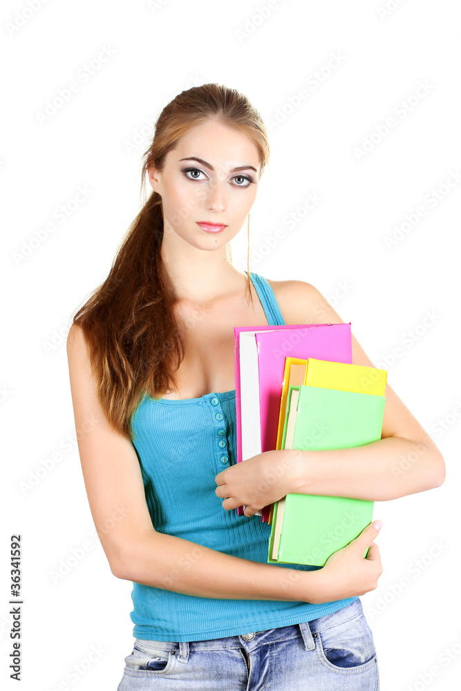 beautiful young girl with books isolated on white beautiful young girl with books isolated on white