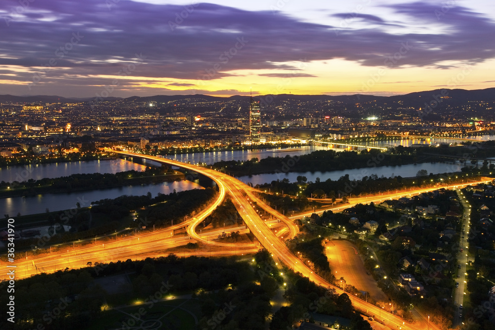 Vienna with Danube River & Island (Donauinsel), highway junction